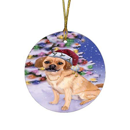 Winterland Wonderland Puggle Dog In Christmas Holiday Scenic Background Round Flat Christmas Ornament RFPOR56070