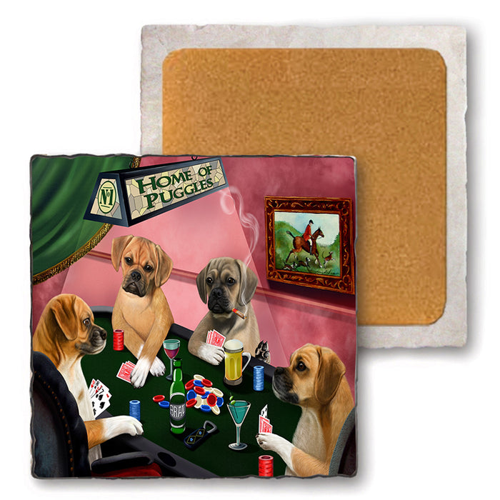 Home of Puggle 4 Dogs Playing Poker Set of 4 Natural Stone Marble Tile Coasters MCST49348