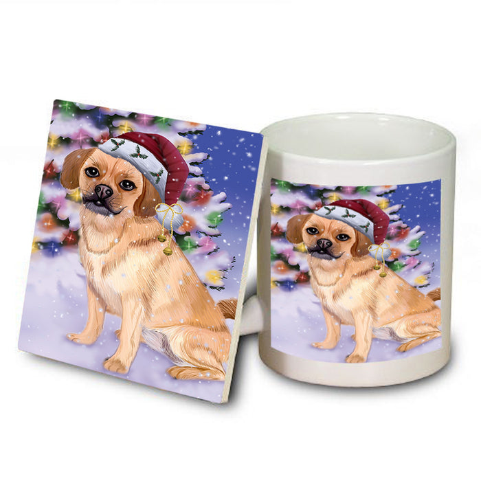 Winterland Wonderland Puggle Dog In Christmas Holiday Scenic Background Mug and Coaster Set MUC55706