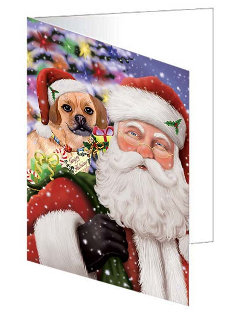 Santa Carrying Puggle Dog and Christmas Presents Handmade Artwork Assorted Pets Greeting Cards and Note Cards with Envelopes for All Occasions and Holiday Seasons GCD71066