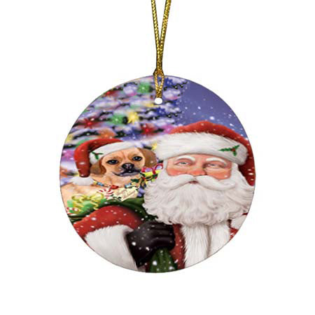Santa Carrying Puggle Dog and Christmas Presents Round Flat Christmas Ornament RFPOR55873