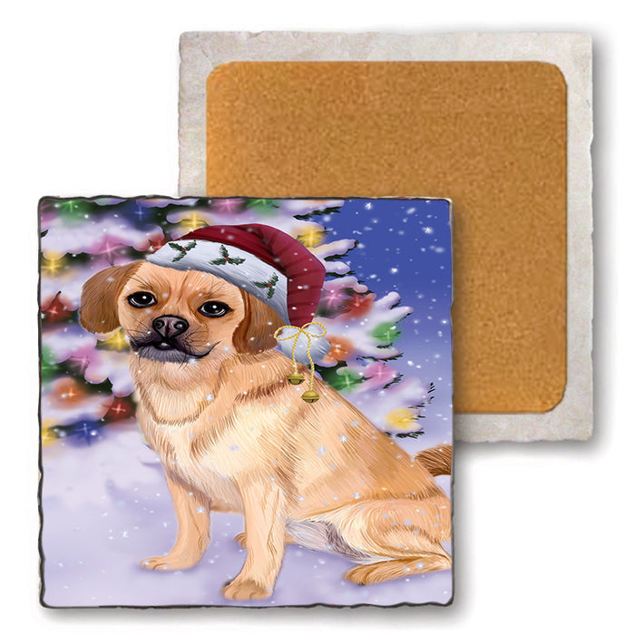 Winterland Wonderland Puggle Dog In Christmas Holiday Scenic Background Set of 4 Natural Stone Marble Tile Coasters MCST50714