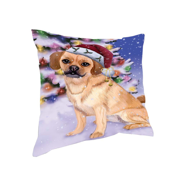 Winterland Wonderland Puggle Dog In Christmas Holiday Scenic Background Pillow PIL71784