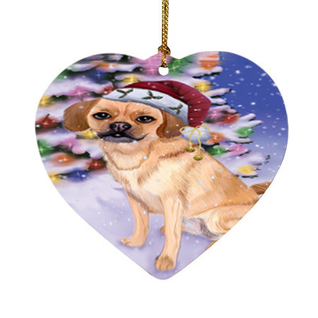 Winterland Wonderland Puggle Dog In Christmas Holiday Scenic Background Heart Christmas Ornament HPOR56070