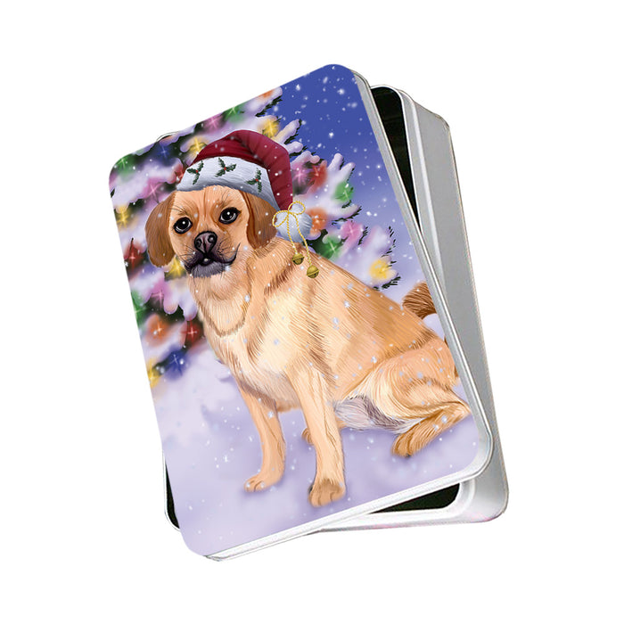 Winterland Wonderland Puggle Dog In Christmas Holiday Scenic Background Photo Storage Tin PITN55657