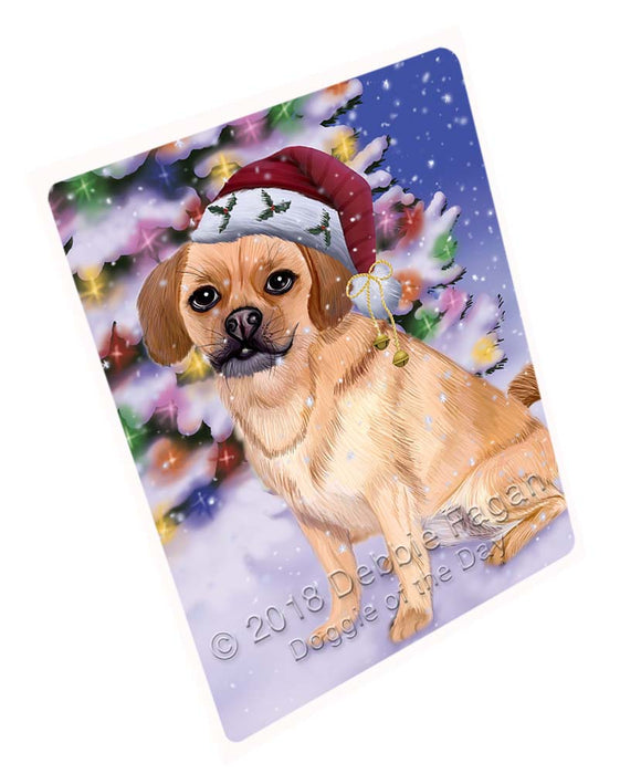 Winterland Wonderland Puggle Dog In Christmas Holiday Scenic Background Cutting Board C72279