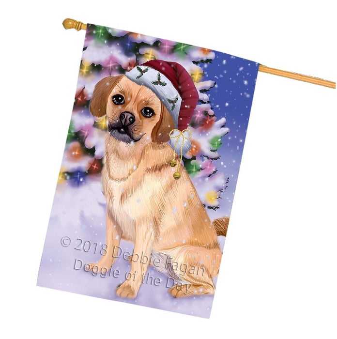 Winterland Wonderland Puggle Dog In Christmas Holiday Scenic Background House Flag FLG56143