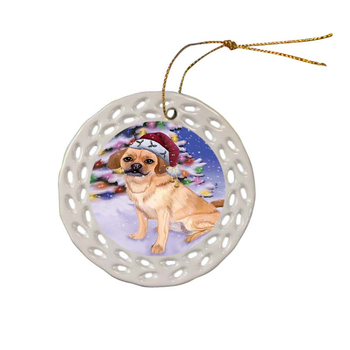 Winterland Wonderland Puggle Dog In Christmas Holiday Scenic Background Ceramic Doily Ornament DPOR56070