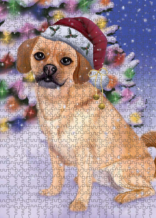Winterland Wonderland Puggle Dog In Christmas Holiday Scenic Background Puzzle with Photo Tin PUZL91060