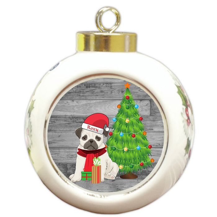 Custom Personalized Pug Dog With Tree and Presents Christmas Round Ball Ornament