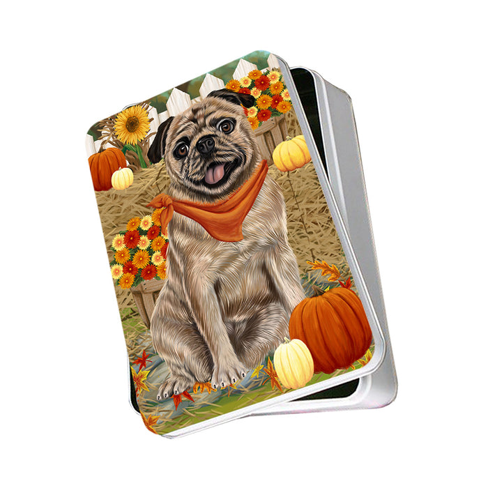 Fall Autumn Greeting Pug Dog with Pumpkins Photo Storage Tin PITN50836