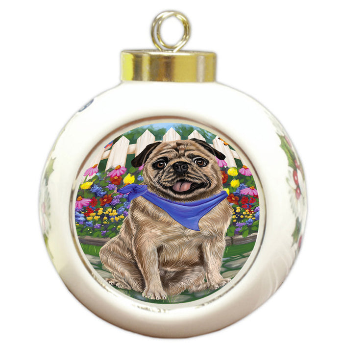 Spring Floral Pug Dog Round Ball Christmas Ornament RBPOR50210
