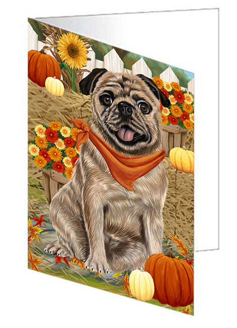 Fall Autumn Greeting Pug Dog with Pumpkins Handmade Artwork Assorted Pets Greeting Cards and Note Cards with Envelopes for All Occasions and Holiday Seasons GCD56537