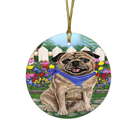 Spring Floral Pug Dog Round Flat Christmas Ornament RFPOR50201
