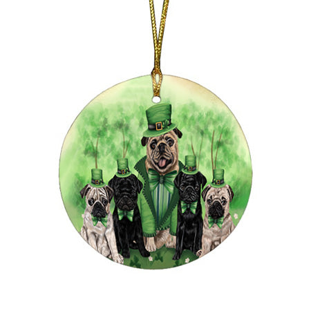 St. Patricks Day Irish Family Portrait Pugs Dog Round Flat Christmas Ornament RFPOR49351