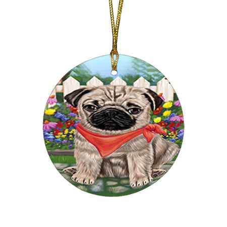 Spring Floral Pug Dog Round Flat Christmas Ornament RFPOR50202