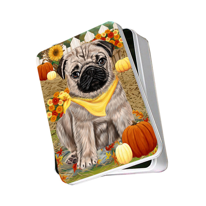 Fall Autumn Greeting Pug Dog with Pumpkins Photo Storage Tin PITN50837