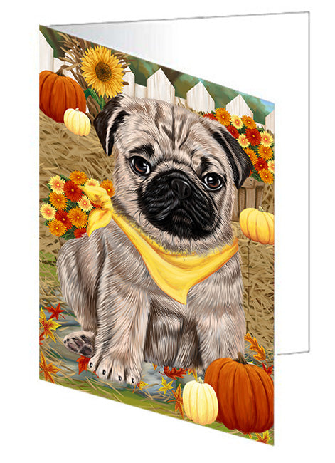 Fall Autumn Greeting Pug Dog with Pumpkins Handmade Artwork Assorted Pets Greeting Cards and Note Cards with Envelopes for All Occasions and Holiday Seasons GCD56540