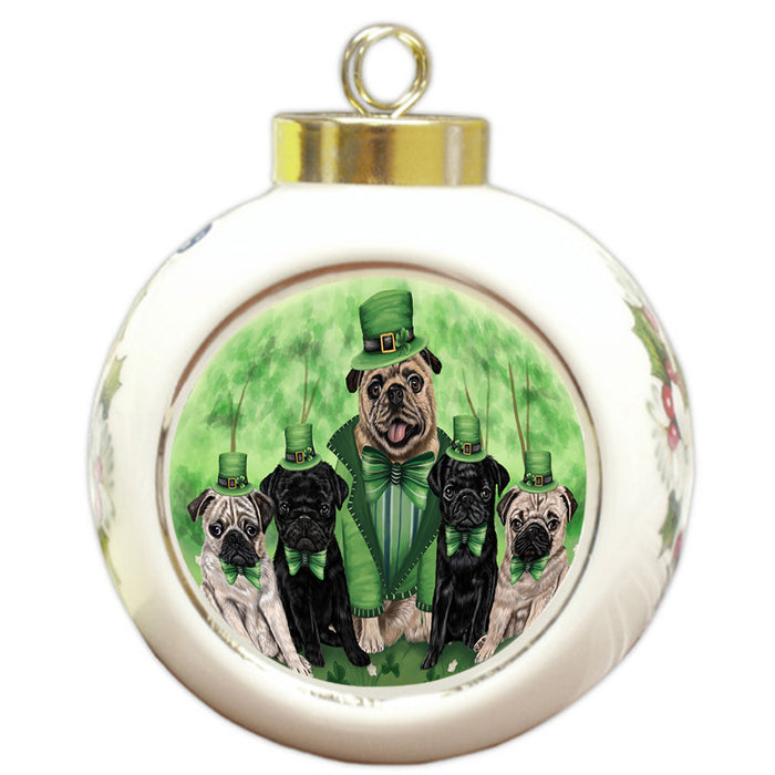 St. Patricks Day Irish Family Portrait Pugs Dog Round Ball Christmas Ornament RBPOR49360