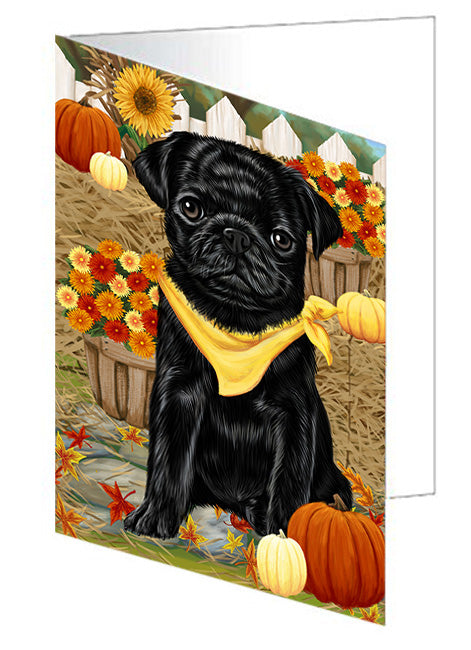 Fall Autumn Greeting Pug Dog with Pumpkins Handmade Artwork Assorted Pets Greeting Cards and Note Cards with Envelopes for All Occasions and Holiday Seasons GCD56543