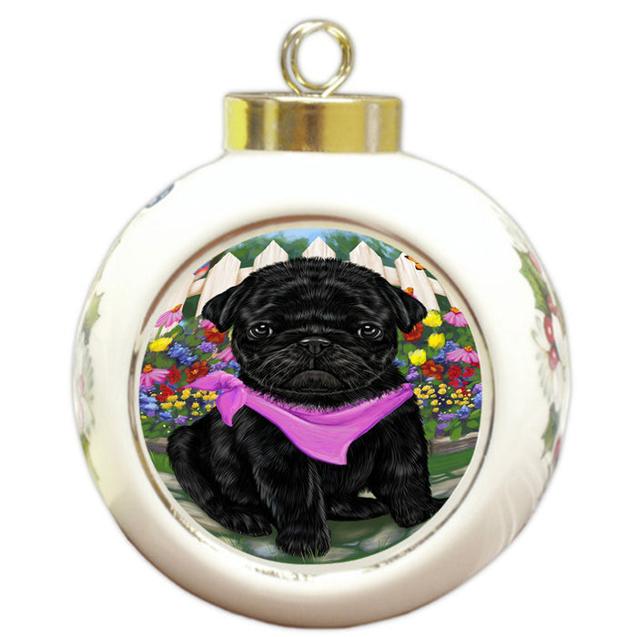 Spring Floral Pug Dog Round Ball Christmas Ornament RBPOR50212