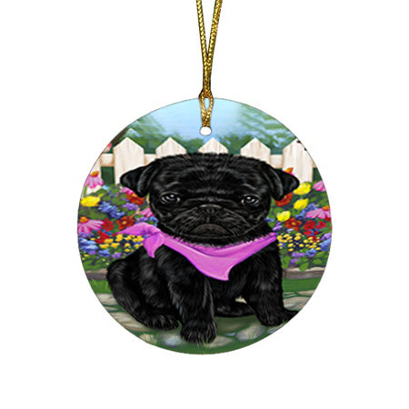 Spring Floral Pug Dog Round Flat Christmas Ornament RFPOR50203