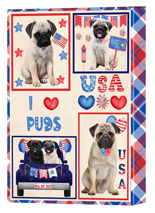 4th of July Independence Day I Love USA Pug Dogs Canvas Wall Art - Premium Quality Ready to Hang Room Decor Wall Art Canvas - Unique Animal Printed Digital Painting for Decoration