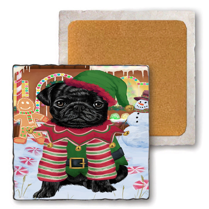 Christmas Gingerbread House Candyfest Pug Dog Set of 4 Natural Stone Marble Tile Coasters MCST51486