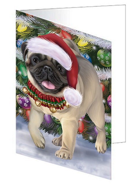 Trotting in the Snow Pug Dog Handmade Artwork Assorted Pets Greeting Cards and Note Cards with Envelopes for All Occasions and Holiday Seasons GCD74486