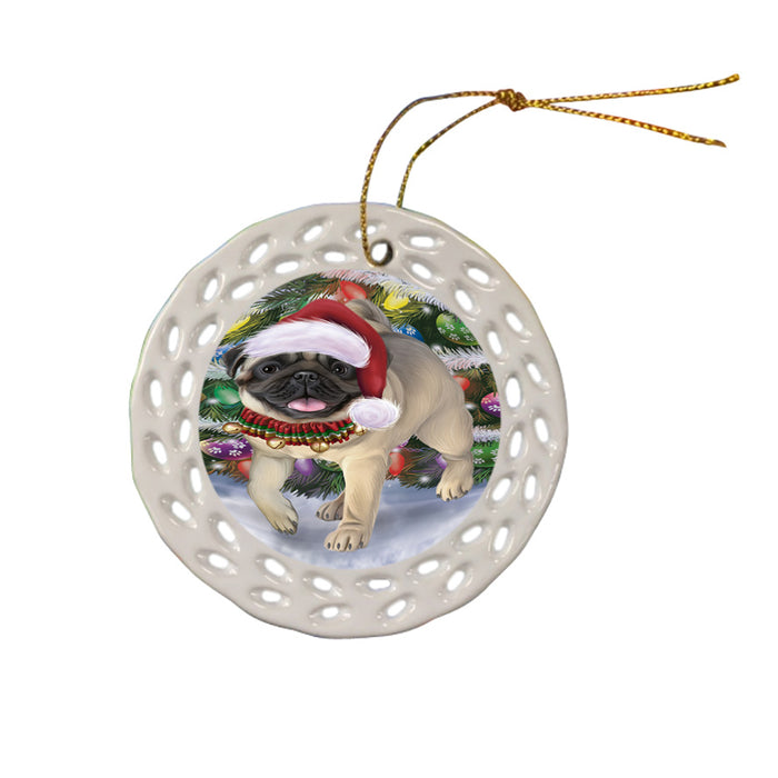 Trotting in the Snow Pug Dog Ceramic Doily Ornament DPOR57013