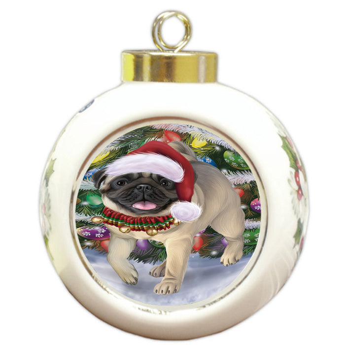 Trotting in the Snow Pug Dog Round Ball Christmas Ornament RBPOR57013