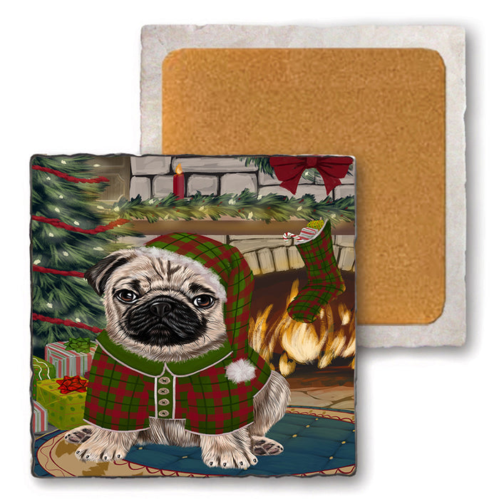 The Stocking was Hung Pug Dog Set of 4 Natural Stone Marble Tile Coasters MCST50570