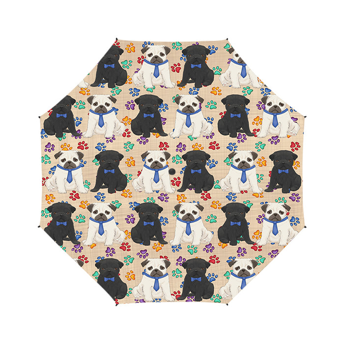 Rainbow Paw Print Pug Dogs Blue Semi-Automatic Foldable Umbrella