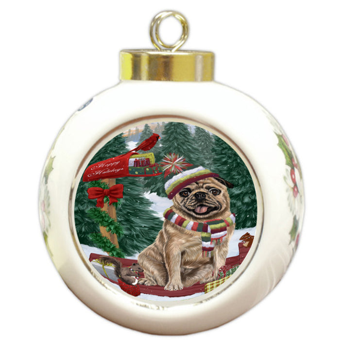 Merry Christmas Woodland Sled Pug Dog Round Ball Christmas Ornament RBPOR55360