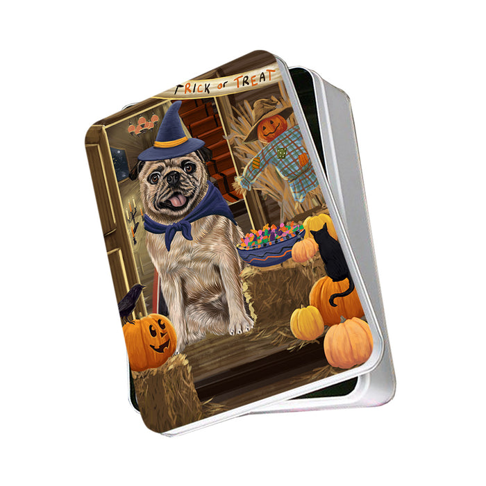 Enter at Own Risk Trick or Treat Halloween Pug Dog Photo Storage Tin PITN53229