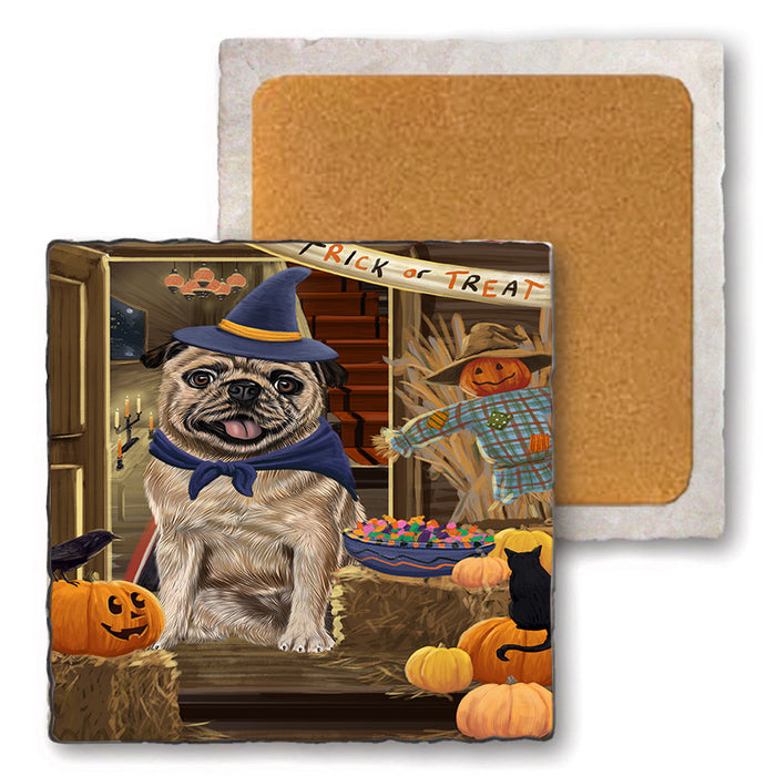 Enter at Own Risk Trick or Treat Halloween Pug Dog Set of 4 Natural Stone Marble Tile Coasters MCST48229