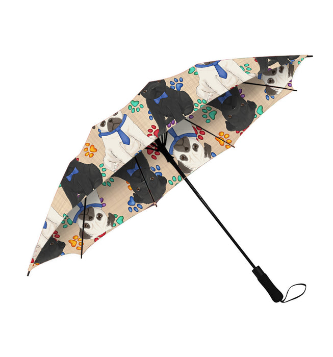 Rainbow Paw Print Pug Dogs Blue Semi-Automatic Foldable Umbrella