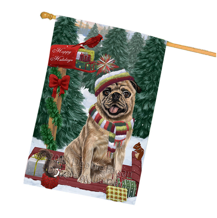 Merry Christmas Woodland Sled Pug Dog House Flag FLG55433