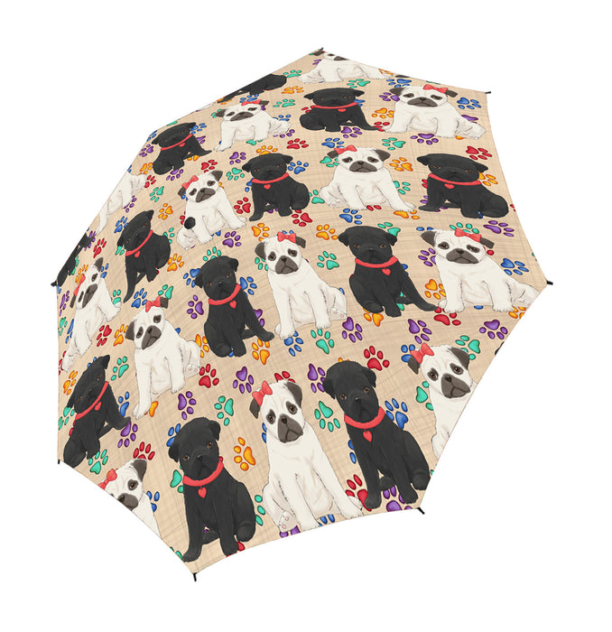 Rainbow Paw Print Pug Dogs Red Semi-Automatic Foldable Umbrella