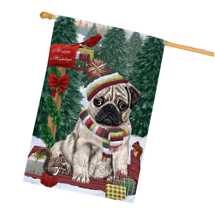 Merry Christmas Woodland Sled Pug Dog House Flag FLG55434