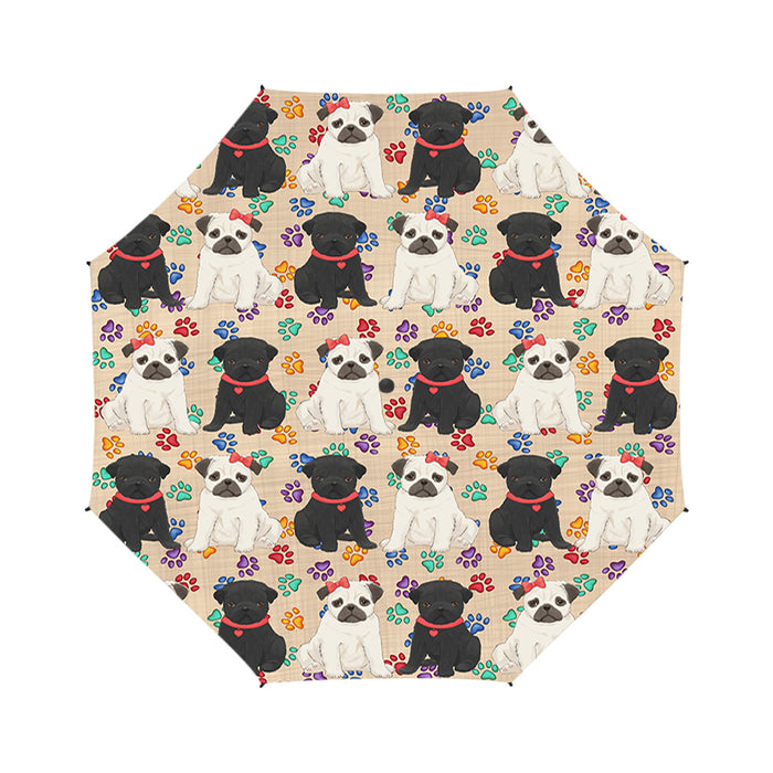 Rainbow Paw Print Pug Dogs Red Semi-Automatic Foldable Umbrella