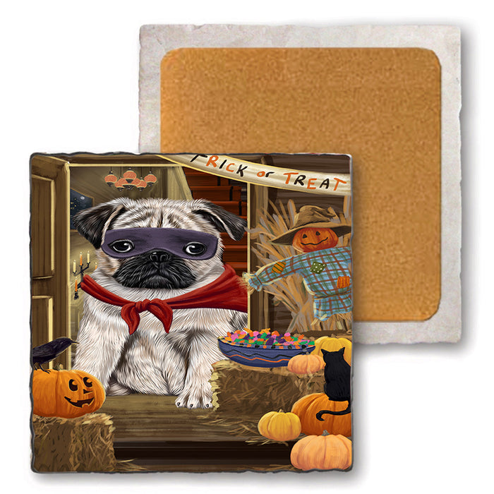 Enter at Own Risk Trick or Treat Halloween Pug Dog Set of 4 Natural Stone Marble Tile Coasters MCST48230