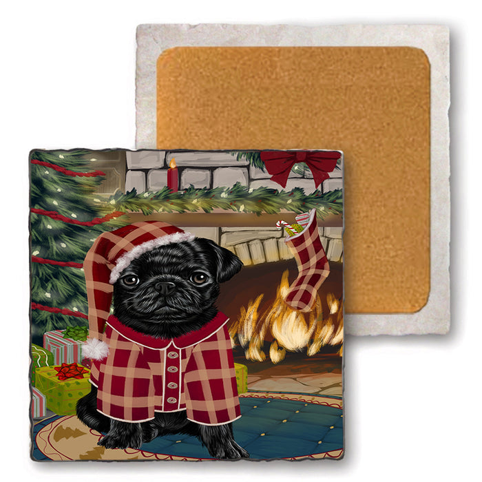 The Stocking was Hung Pug Dog Set of 4 Natural Stone Marble Tile Coasters MCST50571