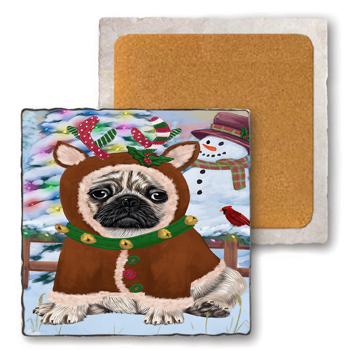 Christmas Gingerbread House Candyfest Pug Dog Set of 4 Natural Stone Marble Tile Coasters MCST51487