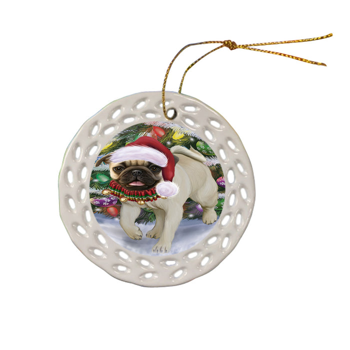 Trotting in the Snow Pug Dog Ceramic Doily Ornament DPOR57014