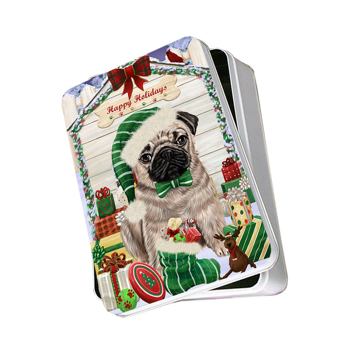 Happy Holidays Christmas Pug Dog House With Presents Photo Storage Tin PITN51481