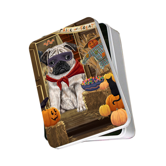 Enter at Own Risk Trick or Treat Halloween Pug Dog Photo Storage Tin PITN53230