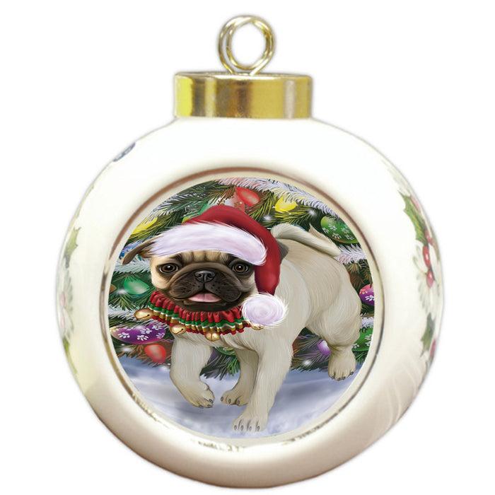 Trotting in the Snow Pug Dog Round Ball Christmas Ornament RBPOR57014