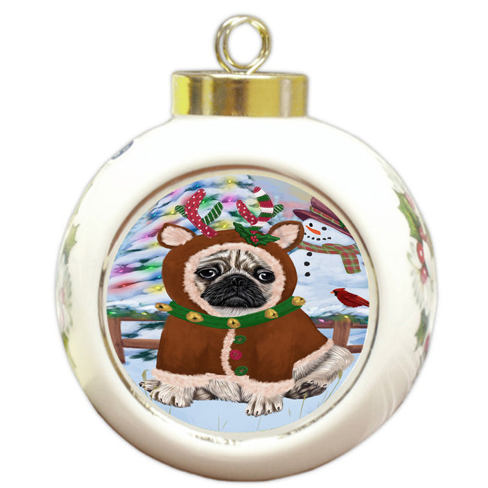 Christmas Gingerbread House Candyfest Pug Dog Round Ball Christmas Ornament RBPOR56843