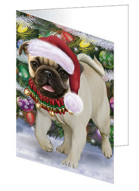 Trotting in the Snow Pug Dog Handmade Artwork Assorted Pets Greeting Cards and Note Cards with Envelopes for All Occasions and Holiday Seasons GCD74489
